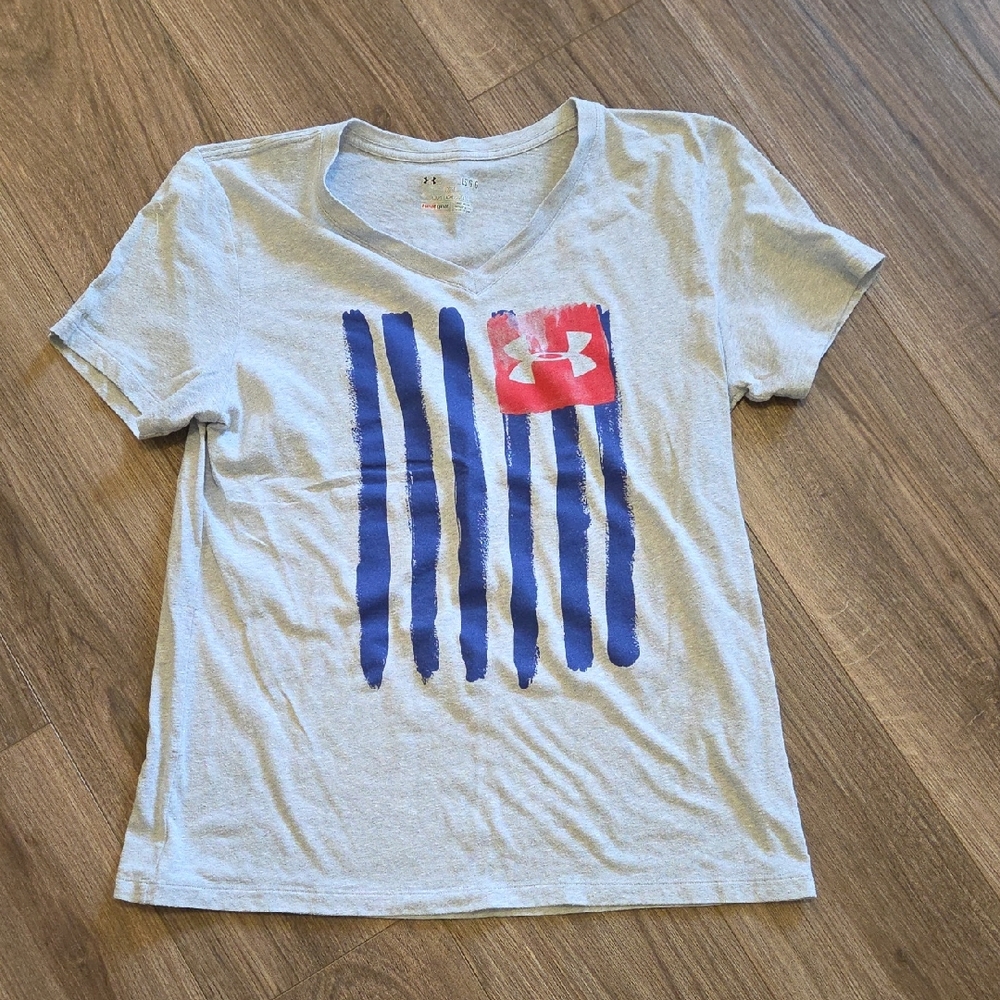 Under Armour Womens Tee with Blue Stripes and Red Logo